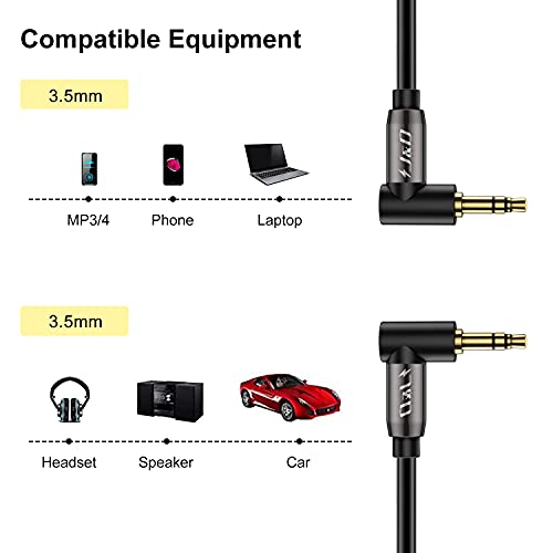 J&D (2 Pack Gold Plated 3.5mm Stereo Audio Aux Cable 90 Degree Right Angle Compatible for iPhone, Galaxy, Speakers and All Other Devices, 6 Feet