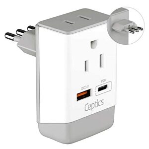 ceptics italy travel adapter, qc 3.0 & pd, safe dual usb & usb-c – 2 usa socket compact & powerful – use in uruguay, libya, syria, tunisia, chile – type l ap-12 – fast charging (ap-12a)