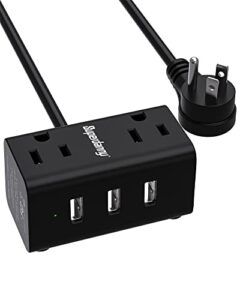 power strip with usb, superdanny mini portable desktop charging station with 2 widely outlets 3 usb ports, 4ft flat plug extension cord, travel essentials, cruise compliant, for home office, black