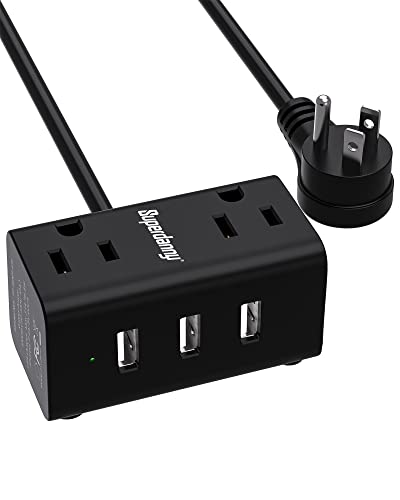 Power Strip with USB, Superdanny Mini Portable Desktop Charging Station with 2 Widely Outlets 3 USB Ports, 4ft Flat Plug Extension Cord, Travel Essentials, Cruise Compliant, for Home Office, Black