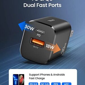 USB C Charger, SAFUEL 30W PD QC 3.0 Fast Charging 2 Ports Wall Charger [USB C+USB A], Quick Charge Power Adapter for iPhone 14 13 12 11 Pro Samsung S21 S20 Note 20 iPad Mini Google LG Tablets AirPods