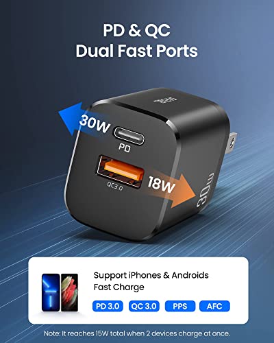 USB C Charger, SAFUEL 30W PD QC 3.0 Fast Charging 2 Ports Wall Charger [USB C+USB A], Quick Charge Power Adapter for iPhone 14 13 12 11 Pro Samsung S21 S20 Note 20 iPad Mini Google LG Tablets AirPods