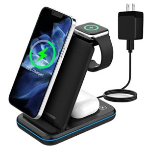 wireless charging station,3 in 1 fast wireless charger stand qi-certified foldable charging stand dock for iphone13/12/11/pro/max/x/xs, airpods pro/3/2/,iwatch series 2-7 (with adapter)
