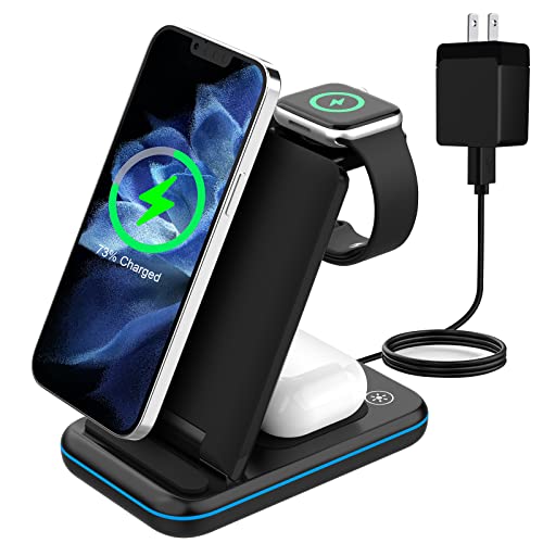 Wireless Charging Station,3 in 1 Fast Wireless Charger Stand Qi-Certified Foldable Charging Stand Dock for iPhone13/12/11/Pro/Max/X/XS, Airpods Pro/3/2/,iWatch Series 2-7 (with Adapter)