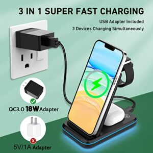 Wireless Charging Station,3 in 1 Fast Wireless Charger Stand Qi-Certified Foldable Charging Stand Dock for iPhone13/12/11/Pro/Max/X/XS, Airpods Pro/3/2/,iWatch Series 2-7 (with Adapter)