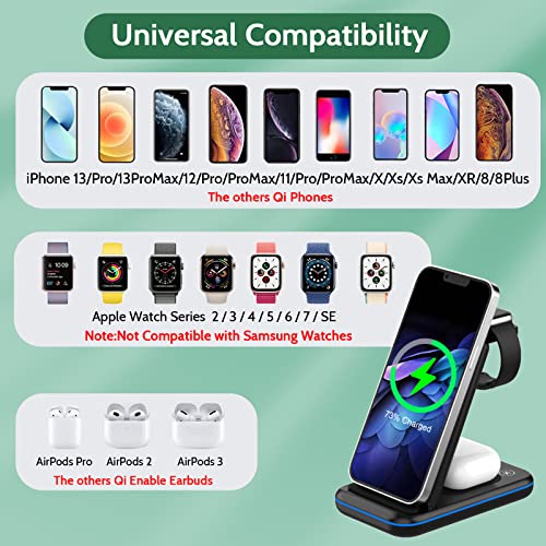 Wireless Charging Station,3 in 1 Fast Wireless Charger Stand Qi-Certified Foldable Charging Stand Dock for iPhone13/12/11/Pro/Max/X/XS, Airpods Pro/3/2/,iWatch Series 2-7 (with Adapter)