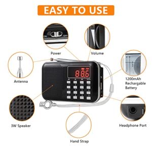 Leting Radios Portable AM FM with MP3 Speaker, Portable Radio Support Micro SD/TF Card/USB/Music Recording,Rechargeable Battery Powered AM FM Radio,Mini Radio with Best Reception (Black)