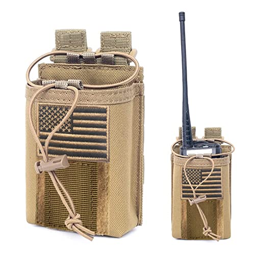 Molle Radio Pouch Case - Tactical Radio Holster Military Heavy Duty Radios Holder Bag for Two Ways Walkie Talkies Adjustable Storage with Tan Extra USA Flag Patch