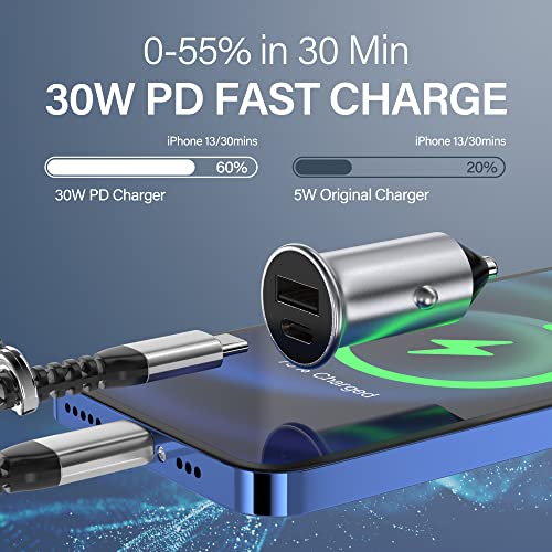30W USB-C & USB-A Dual Port Car Charger Power Delivery Fast Auto Charging with Apple MFi Certified 3ft USB-C to Lightning Cable and USB Adapter for iPhone 14/13/12/X/Xs/XR/Pro Max/Mini, iPad, AirPods