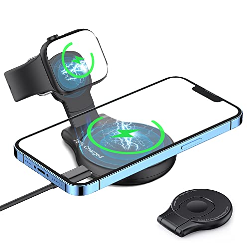 3 in 1 Magnetic Wireless Charger, Foldable Dual Magnetic Fast Wireless Charging Station Stand Pad Compatible with iPhone 14/13/12/Apple Watch Ultra/8/7/6/5/4/3/2/1/SE/AirPods/MagSafe Charger