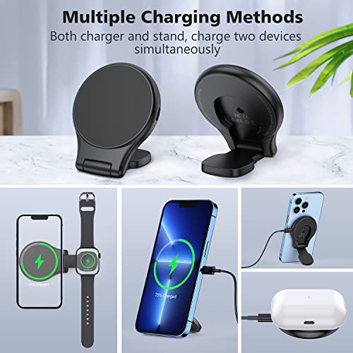 3 in 1 Magnetic Wireless Charger, Foldable Dual Magnetic Fast Wireless Charging Station Stand Pad Compatible with iPhone 14/13/12/Apple Watch Ultra/8/7/6/5/4/3/2/1/SE/AirPods/MagSafe Charger