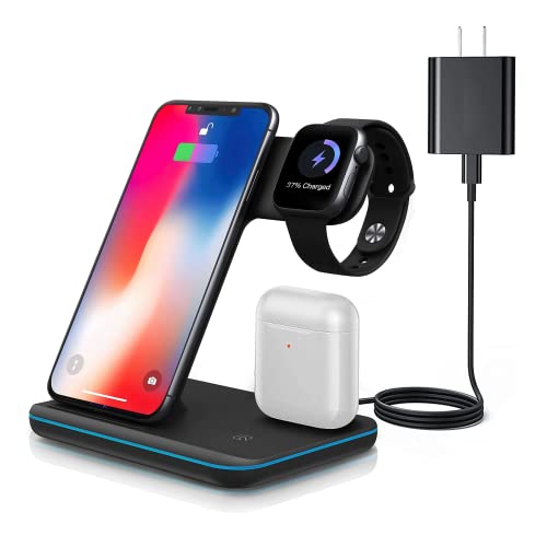 Wireless Charging Station, 3 in 1 Fast Wireless Charger Stand with Adapter for AirPods/iWatch Series 5/4/3/2/1, QI Wireless Charger Compatible with iPhone 14/13/12/11/ Pro/Max/XS Max/XS XR