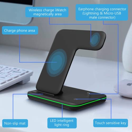 Wireless Charging Station, 3 in 1 Fast Wireless Charger Stand with Adapter for AirPods/iWatch Series 5/4/3/2/1, QI Wireless Charger Compatible with iPhone 14/13/12/11/ Pro/Max/XS Max/XS XR