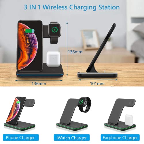 Wireless Charging Station, 3 in 1 Fast Wireless Charger Stand with Adapter for AirPods/iWatch Series 5/4/3/2/1, QI Wireless Charger Compatible with iPhone 14/13/12/11/ Pro/Max/XS Max/XS XR