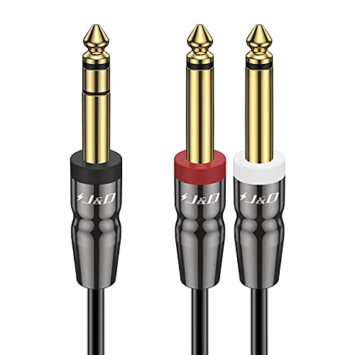 J&D 1/4 inch TRS Cable, Copper Shell 6.35mm 1/4 inch TRS Male to Dual 6.35mm 1/4 inch TS Male Stereo Y Splitter Insert Cable, Gold Plated Mono Breakout Cable Audio Cord, 15 Feet