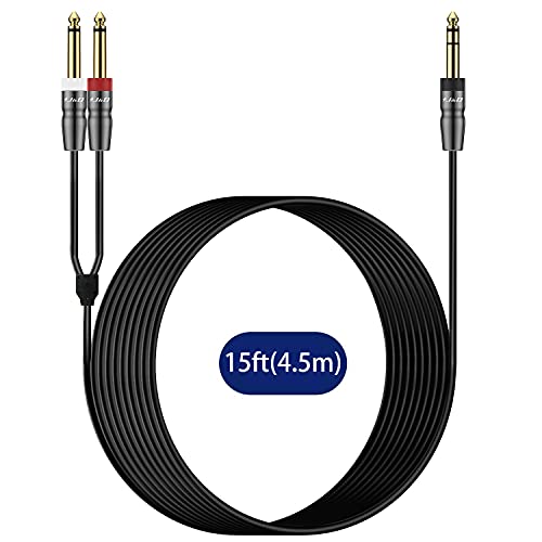 J&D 1/4 inch TRS Cable, Copper Shell 6.35mm 1/4 inch TRS Male to Dual 6.35mm 1/4 inch TS Male Stereo Y Splitter Insert Cable, Gold Plated Mono Breakout Cable Audio Cord, 15 Feet