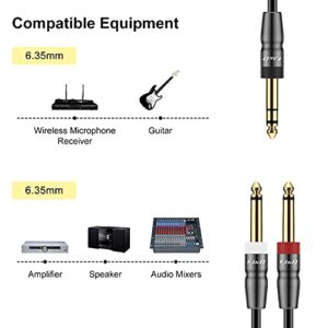 J&D 1/4 inch TRS Cable, Copper Shell 6.35mm 1/4 inch TRS Male to Dual 6.35mm 1/4 inch TS Male Stereo Y Splitter Insert Cable, Gold Plated Mono Breakout Cable Audio Cord, 15 Feet