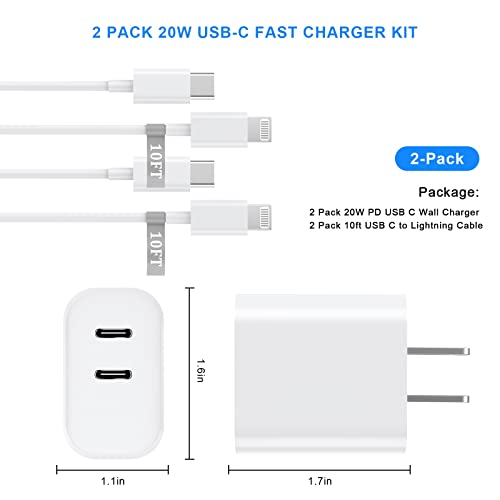 iPhone 14 13 12 Fast Charger, 2 Pack [Apple MFi Certified] 20W Dual USB C Charger Fast Charging Block and 10FT Extra Long USB C to Lightning Charger Cable for iPhone 14 13 12 11 XS XR X 8 iPad AirPods