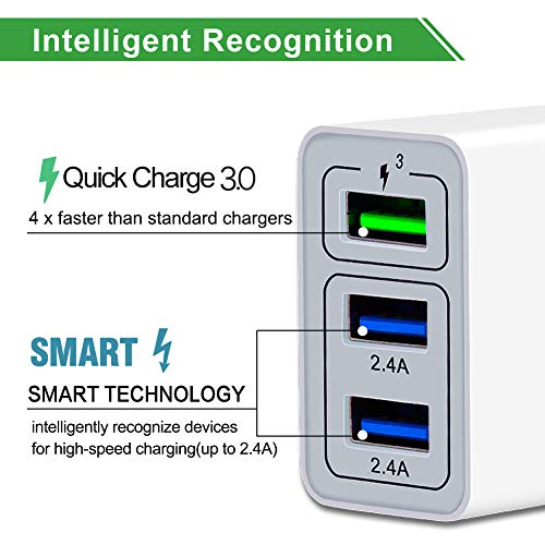 Wall Charger Fast Adapter,QC 3.0 USB Fast Wall Charger 3 Ports Tablet iPad Phone Fast Charger Adapter Quick Charge 3.0 Travel Plug Compatible Samsung, HTC, iPhone More 1 Pack White