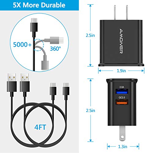 Adaptive Fast Charging USB Wall Charger Adapter 25W Dual Port with 2Pack 4ft USB Type C Cable for Samsung Galaxy S10 / S10+ / S10e / S9 / S8, Other USB-C Devices