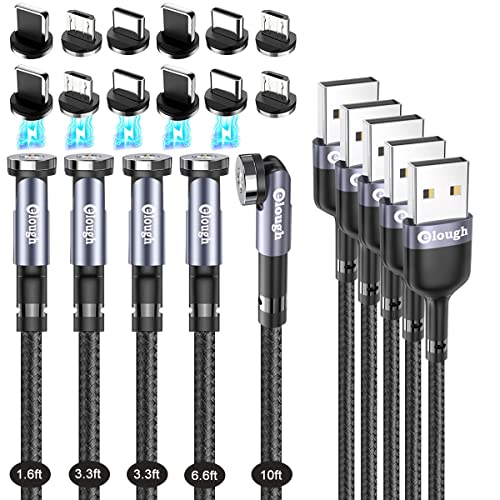 Magnetic Charging Cable 5-Pack (1.6/3.3/3.3/6.6/10FT) - 540° Rotating 3 in 1 Magnetic Phone Charger Cable with LED Light - 90° Angle Connector, Compatible with Micro USB, Type C Smartphone (Black)