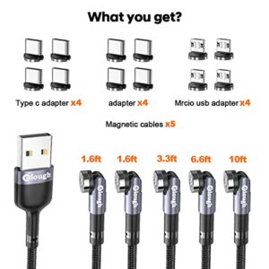 Magnetic Charging Cable 5-Pack (1.6/3.3/3.3/6.6/10FT) - 540° Rotating 3 in 1 Magnetic Phone Charger Cable with LED Light - 90° Angle Connector, Compatible with Micro USB, Type C Smartphone (Black)