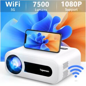 5g wifi mini home projector, toperson 7000lm 1080p supported 200″ home movie theater video projector for iphone android smartphone/tv stick/hdmi/usb/xbox/ps4/laptop/tablet/pc