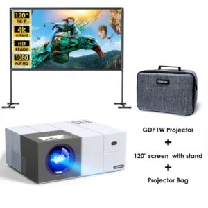 yowhick gdp1w projector, 120″ projector screen with stand and projector case bundle