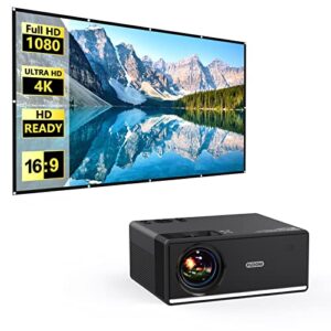projector with 120“ projector screen, projector with wifi and bluetooth, outdoor projector with portable projector screen, fudoni movie projector compatible w/ios/android/win/ps5, black