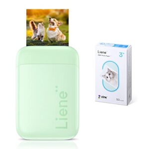 liene photo printer, 2×3” mini portable instant photo printer bundle w/ 50 zink adhesive paper, bluetooth 5.0, compatible w/ios & android, small picture printer for iphone, smartphone, green
