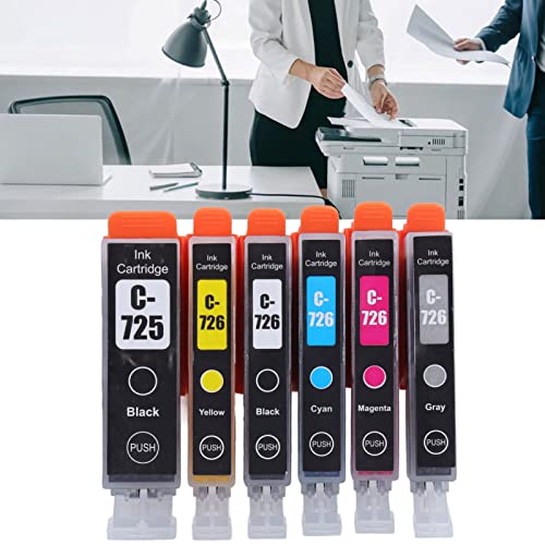 Ink Cartridge, 725 726 Large Page Capacity Fadeless Smoothly Output Printer Cartridge with Ink, for PIXMA IP4870 IP4970 IX6560 Printer (BK BK C M Y GY 6 Colors)