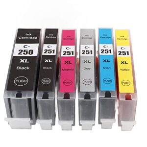 FTVOGUE 250‑251 Multi Colors Ink Cartridge Replacement Printer Inkjet Cartridges for PIXMA (BK BK C M Y GY 6 Colors)