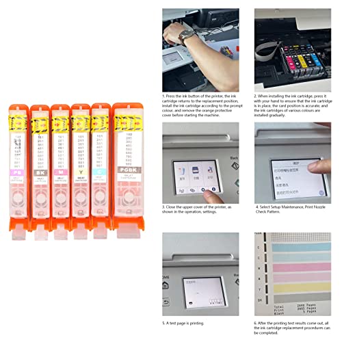 Walfront 6Pcs Ink Cartridge Printer Ink Cartridge Inkjet Cartridge Accessory Set Kit for PIXMA TR7540 TR8540 TS6140 TS8140 TS9140