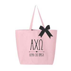 pink tote bags with black bow – alpha chi omega tote bag – large canvas tote bag for women and sisterhood