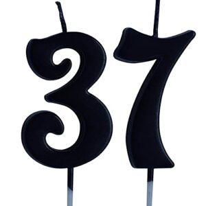 black 37th birthday candle, number 37 years old candles cake topper, woman or man party decorations, supplies