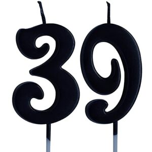 black 39th birthday candle, number 39 years old candles cake topper, woman or man party decorations, supplies