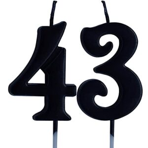 black 43rd birthday candle, number 43 years old candles cake topper, woman or man party decorations, supplies
