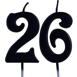 black 26th birthday candle, number 26 years old candles cake topper, woman or man party decorations, supplies
