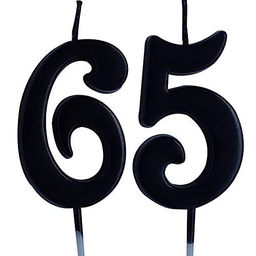 Black 65th Birthday Candle, Number 65 Years Old Candles Cake Topper, Woman Or Man Party Decorations, Supplies