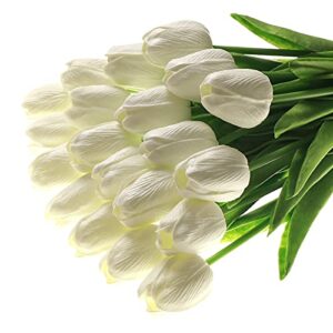 SOJIRUSPA White Tulips Artificial Flowers 20 Pcs Fake Faux Tulips PU Real Touch Tulips Fake Flowers for Home Office Wedding Decor Arrangement Bouquet Faux Flowers for Decoration