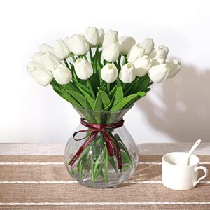 SOJIRUSPA White Tulips Artificial Flowers 20 Pcs Fake Faux Tulips PU Real Touch Tulips Fake Flowers for Home Office Wedding Decor Arrangement Bouquet Faux Flowers for Decoration