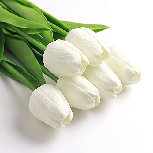 SOJIRUSPA White Tulips Artificial Flowers 20 Pcs Fake Faux Tulips PU Real Touch Tulips Fake Flowers for Home Office Wedding Decor Arrangement Bouquet Faux Flowers for Decoration