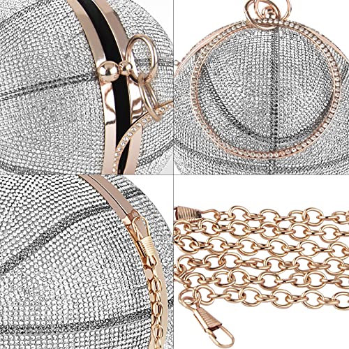 Clutch Purses for Women Evening, Small Basketball Rhinestone Lady Party Wedding Bag, Crossbody Shoulder Ring Handle Handbag (Silver)