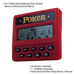 Trademark Poker 5-in-1 Poker Game – Electronic Handheld Games Including Draw, Deuces, Bonus, 2X Bonus, and 2x2 Bonus – Pocket-Sized Game for Travel, Red, 0.625 in Long x 3.875 Wide x 3.375 in high