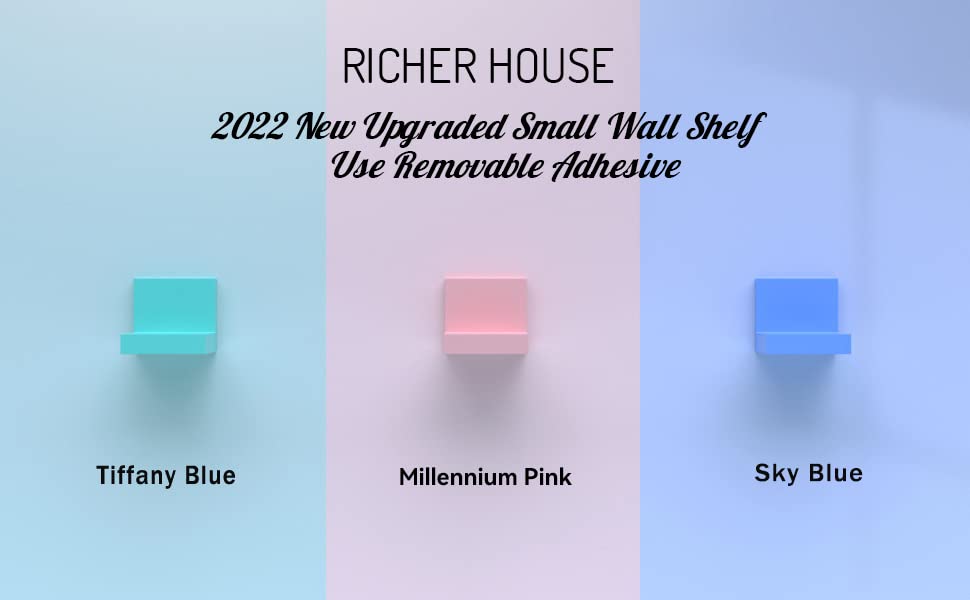 RICHER HOUSE Small Wall Shelves Set of 3, Damage-Free Display Ledges for Small Decor, Small Floating Shelf with 2 Types of Installation - Sky Blue 4 inch D x 3.3 inch W x 3 inch H