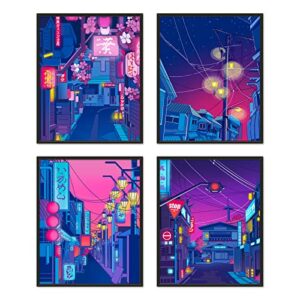 dalihebo anime posters japanese wall art set of 4 – anime art tokyo streets in the night sky wall decor poster for living room bedroom kitchen unframed 8×10 inch