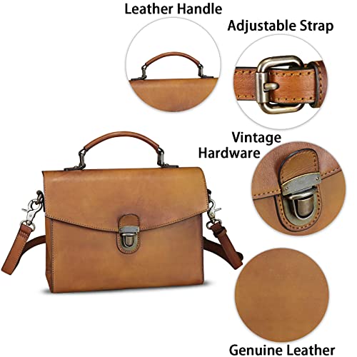 Genuine Leather Satchel Purse for Women Vintage Handmade Top Handle Handbag Retro Designer Crossbody Bag (Brown)