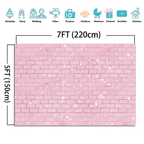 Retro Pink Glitter Brick Wall Photography Backdrop Girl Happy Birthday Party Photo Background Baby Shower Bridal Shower Wedding Newborn Banner Cake Table Decorations Photo Booth Props 7x5ft