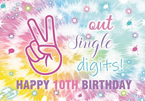 Hilioens 7×5ft Out Single Digits Happy 10th Birthday Backdrop Tie Dye Rainbow Girls Birthday I'm 10 Background for Photography Girls Tenth Birthday Party Banner Decorations