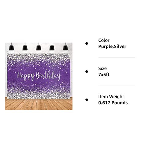 Aperturee 7x5ft Glitter Purple Diamonds Happy Birthday Backdrop Shinning Silver Bokeh Dots Women Girls Photography Background Sweet 16 Party Decorations Cake Table Banner Supplies Photo Booth Studio